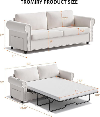 Queen Pull Out Sofa Bed | 83" Large Sleeper Sofa with Queen Size Mattress | 2-in-1 Convertible Loveseat Sofa-Bed with USB Ports Side Pockets Ivory White