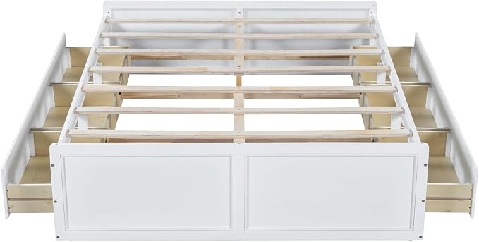Merax Wood Queen Size Platform Bed Frame with 6 Drawers, Storage Bed Frame Without Headboard for Kids Teens and Adults, White