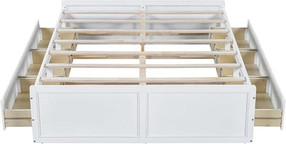 Merax Wood Queen Size Platform Bed Frame with 6 Drawers, Storage Bed Frame Without Headboard for Kids Teens and Adults, White