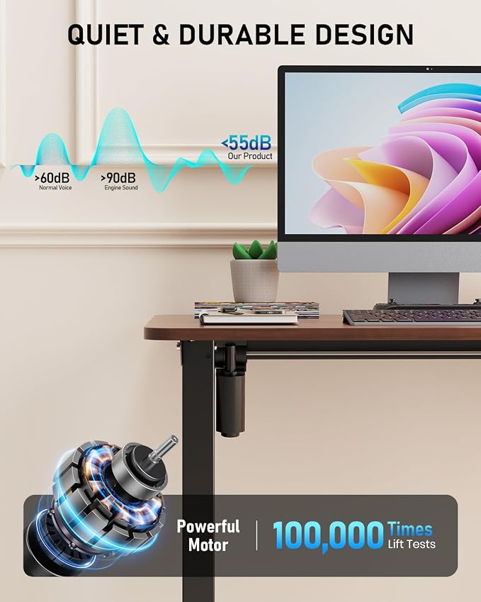 55" Electric Standing Desk Adjustable Height, Sit Stand up Desk for Home Office & Computer Workstation, 2 Memory Height Settings, Splice Board, 2 Hooks, Black Frame/Walnut Top