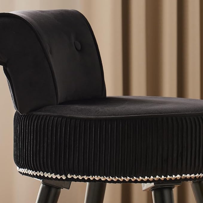 Small Vanity Chair with Back, Velvet Stool with Low Backrest & Silvery Nailhead Trim, Round Vanity Seat for Bedroom and Bathroom Makeup, Support 220lbs, Easy Assembly (Black)