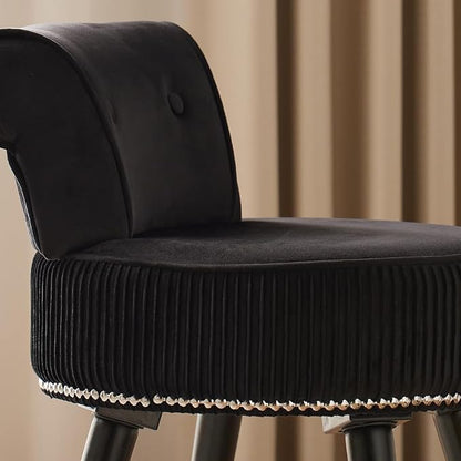 Small Vanity Chair with Back, Velvet Stool with Low Backrest & Silvery Nailhead Trim, Round Vanity Seat for Bedroom and Bathroom Makeup, Support 220lbs, Easy Assembly (Black)