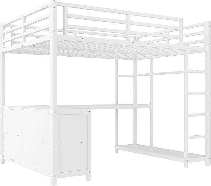 Bellemave Full Size loft Bed with L Desk, Wardrobe, Metal Full Loft Bed Frame for Adults, Kids, Teens, White