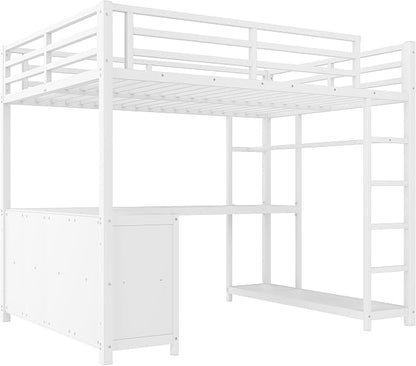 Bellemave Full Size loft Bed with L Desk, Wardrobe, Metal Full Loft Bed Frame for Adults, Kids, Teens, White