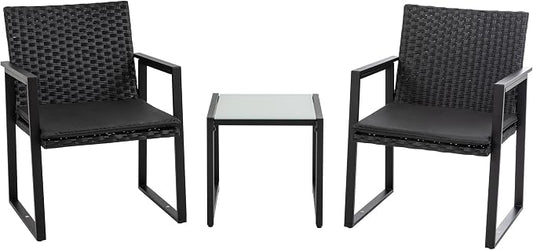 Shintenchi 3 Pieces Wicker Patio Bistro Sets, Rattan Patio Conversation Set with Coffee Table, Outdoor Wicker Furniture Set for Lawn, Garden, Balcony (Black)
