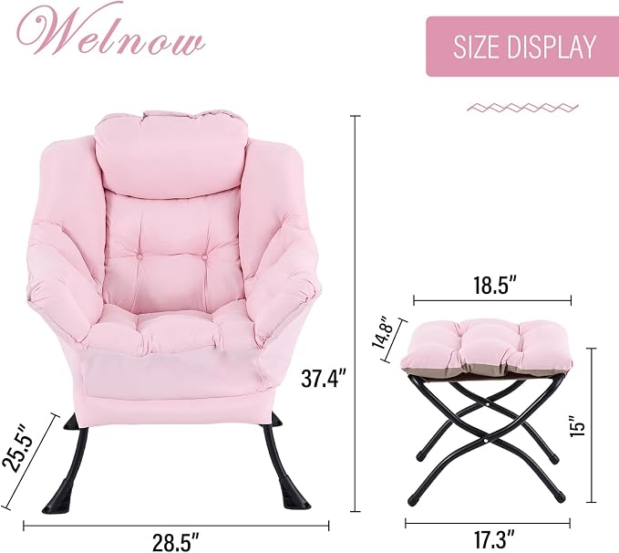 Welnow Pink Lazy Chair with Ottoman, Modern Reading Accent Chair with Armrests and a Side Pocket, Leisure Upholstered Lazy Sofa Set with Footrest for Small Space