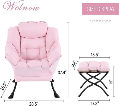 Welnow Pink Lazy Chair with Ottoman, Modern Reading Accent Chair with Armrests and a Side Pocket, Leisure Upholstered Lazy Sofa Set with Footrest for Small Space