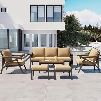 6-Piece Outdoor Patio Furniture Set, Steel Frame Sofa Set with 3-Seat Couch, 2 Armchairs, 2 Ottomans Coffee Table, Cushioned Seating for Backyard, Garden, Poolside, Brown Cushion