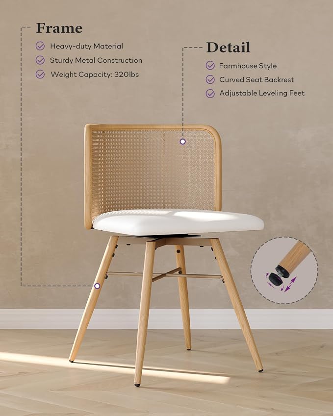 TYBOATLE Swivel Rattan Dining Chairs Set of 4 (Cream White) | Farmhouse, Boho, Rattan Woven Back, Faux Leather Seat, Metal Legs, Upholstered, Kitchen, Dining Room