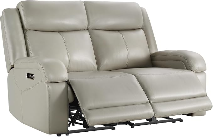 Watson & Whitely Genuine Leather Power Loveseat Recliner Sofa, 2 Seat Wall Hugger Reclining Sofa with Power Headrest & Charging Ports, Dual Recliner Sofas for Living Room, RV, Grey