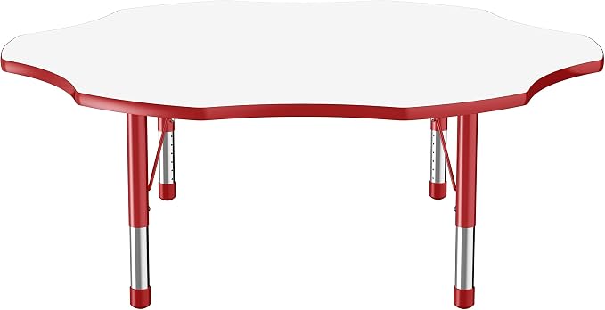 FDP Dry-Erase Flower Activity School and Classroom Kids Table (60 inch), Chunky Toddler Legs for Collaborative Spaces, Adjustable Height 15-24 inches - Whiteboard Top, Red Edge and Matching Red Legs