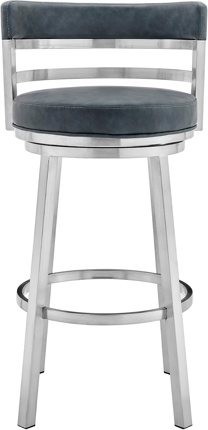 Armen Living Madrid 30" Seat Height Swivel Modern Blue Faux Leather and Brushed Stainless Steel Bar Stool for Kitchen Island Counter