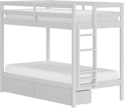 Grain & Grove Bear Twin Over Twin Bunk Bed with Storage Drawers, Sturdy Bunk Bed Frame for Kids, Plywood Bunk with Ladder, Guardrail, and Slats, No Box Spring Required, Brush White