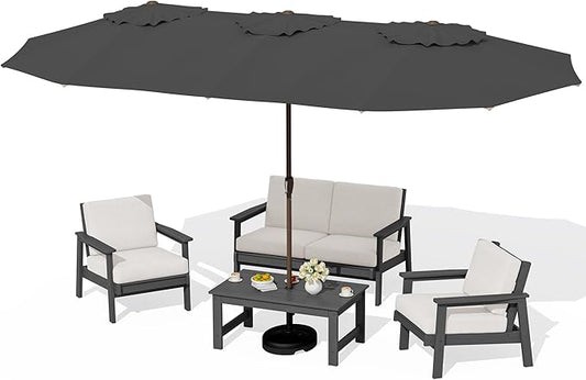 SERWALL HDPE Patio Furniture Set with 15FT Double Side Patio Umbrella, All Weather Wood-Like Outdoor Sofa Sectional Couch, Grey Patio Furniture with Khaki Cushions