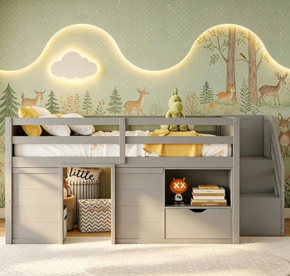 Bellemave Full Size Low loft Bed for Kids,Wood Loft Beds,Modern Farmhouse Full loft Bed,Loft Bed with Desk and Storage, No Box Spring Needed,for Kids, Gray