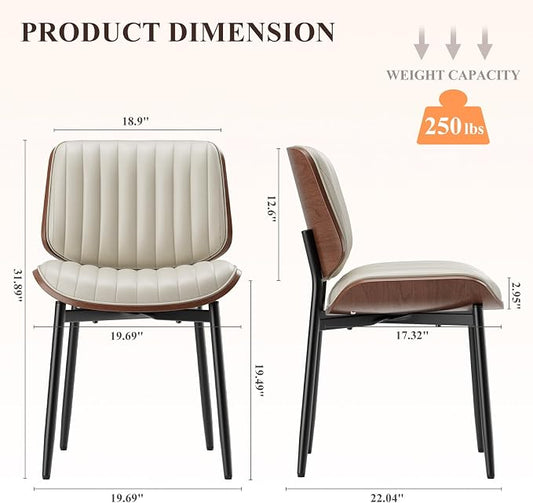 MALOL Leather Dining Chairs Set of 2, Modern Upholstered Dining Room Kitchen Chairs with Metal Legs and Wooden Back Support for Home Dining Room/Restaurant, Beige
