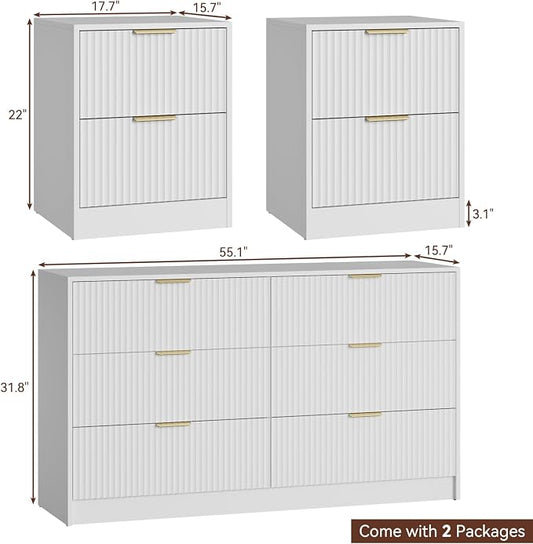 6 Drawer Dresser and Nightstand Set 3-Piece, 55” Wide Bedroom Dressers & Night Stand Set of 2 with Metal Handle, Fluted Modern Wood Chest of Drawers Storage Dressers Set for Bedroom, White