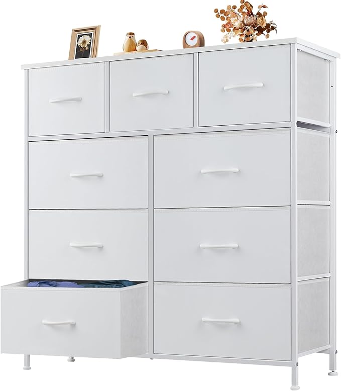 OLIXIS 9 Drawer Storage Dresser with Wood Top - Wide Fabric Chest Organizer for Bedroom, Closet, Living Room,Tower Cabinet, TV Stand, Hallway Entryway Furniture,White