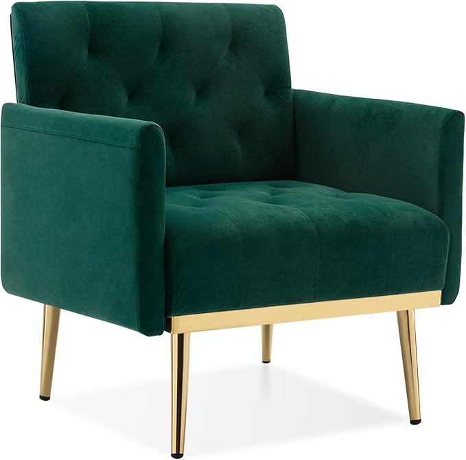 Green Accent Chair, Upholstered Velvet Armchair Comfy Modern Single Sofa Side Chair with arms and Metal Legs for Living Room Bedroom Reading
