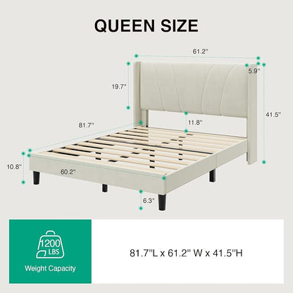 Novilla Bed Frame Queen Size, Queen Bed Frame with Headboard, Velvet Upholstered Wing Side Headboard, No Box Spring Needed, Heavy Duty Feet, Easy Assembly, White Velvet