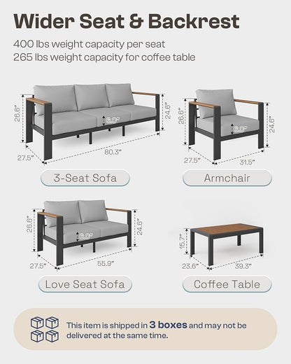 Aluminum Outdoor Patio Furniture, 3 Seats All-Weather Outdoor Patio Sofa with Washable Thick Cushion, Patio Sofa Couch for Porch, Balcony, Deck, Yard, Gray