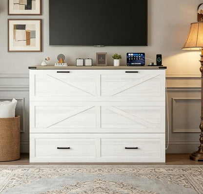 Bellemave Queen Size Murphy Bed with Charging Station and Storage, Farmhouse Murphy bedframe with Foldable Panel, Noisy Free, for Guest Bedroom, Living Room, Office, White