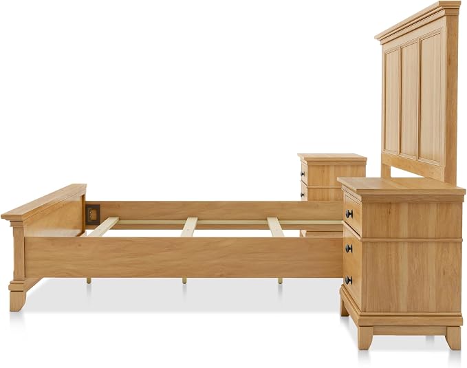 Furniture of America Yardley Farmhouse Solid Wood 3-Piece Bedroom Collection with Panel Bed and Nightstands Set of 2, Box Spring Required for Bedroom, Guess Room, King, Natural Oak