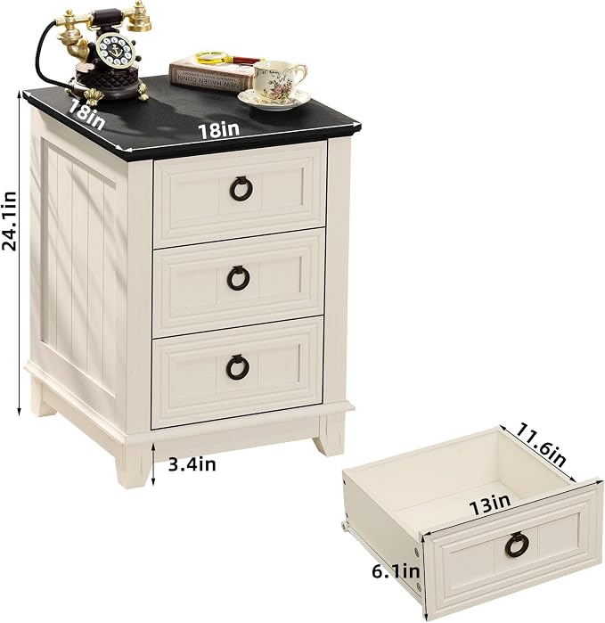Joaxswe Farmhouse Night Stand Set of 2, 18" End Table with 3 Drawer Metal Handle, Dresser for Bedroom, Sofa Bed Side Table Chest of Drawers,Wood Nightstand Cabinet for Organizer, Living Room-White