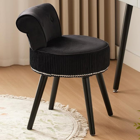 Small Vanity Chair with Back, Velvet Stool with Low Backrest & Silvery Nailhead Trim, Round Vanity Seat for Bedroom and Bathroom Makeup, Support 220lbs, Easy Assembly (Black)