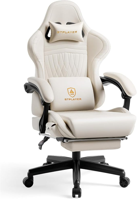 GTPLAYER Gaming Chair for Adults, Ergonomic Computer Game Chairs with Speakers, Footrest & Linkage Armrest, Reclining High Back Silla Gamer for Home Office, Ace Pro, Off-White