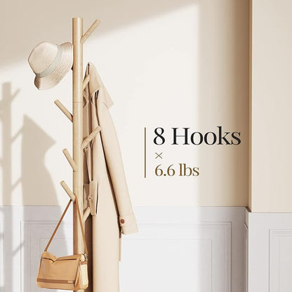 Pipishell Solid Wooden Coat Rack Freestanding, Hall Tree with 8 Hooks, 3 Height Options for Coats, Hats, Handbags, and Scarves, Tool-Free Assembly, Space Saving Design for Entryway, Office, Bedroom