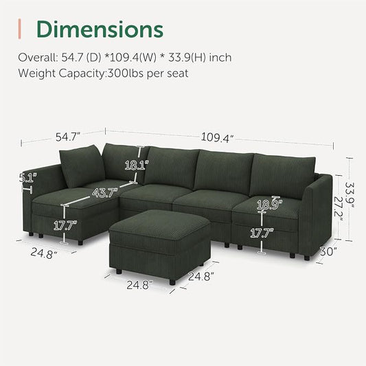 HONBAY Modular Sectional Sleeper Sofa Green Couch L Shaped Sectional Sofa with Storage, Convertible Couches for Living Room - Green