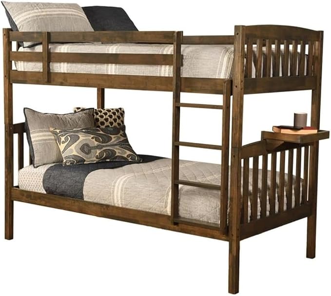 Kodiak Furniture Claire Wood Twin Over Twin Bunk Bed with Tray in Rustic Walnut Brown Finish - Mattresses Not Included