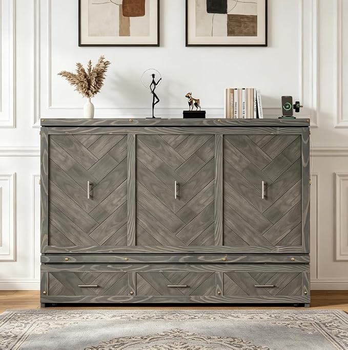 Bellemave Queen Size Murphy Bed with Charging Station and Storage, Farmhouse Murphy Bed with Foldable Panel for Guest Bedroom, Living Room, Office, Grey