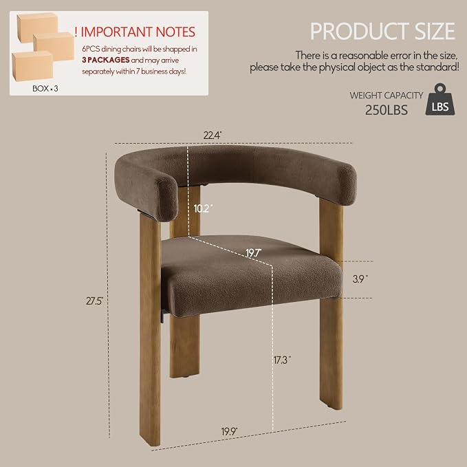 VIRRMO Boucle Dining Chair Set of 2 Terry Upholstered Dining Room Chairs Kitchen Chairs with Wood Legs Mid Century Modern Chair for Dining Room, Kitchen (Wood-Brown, 6)