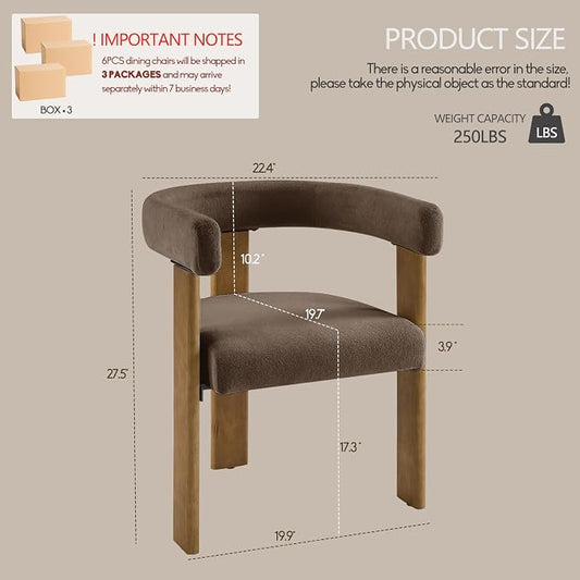 VIRRMO Boucle Dining Chair Set of 2 Terry Upholstered Dining Room Chairs Kitchen Chairs with Wood Legs Mid Century Modern Chair for Dining Room, Kitchen (Wood-Brown, 6)