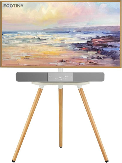 Tripod Easel TV Stand for 43–65 Inch TVs, Height Adjustable Swivel Floor Stand with Wooden Tray and Cable Management, VESA 400x400, Minimalist White