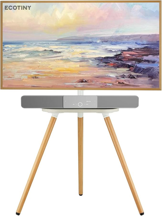 Tripod Easel TV Stand for 43–65 Inch TVs, Height Adjustable Swivel Floor Stand with Wooden Tray and Cable Management, VESA 400x400, Minimalist White