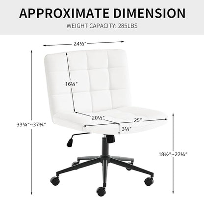 Furnimart Swivel Criss Cross Legged Chair with Wheels for Home Office, Wide Armless Desk Chair Height Adjustable Comfy Seat for Desk,Vanity, Bedroom, PU Ivory White