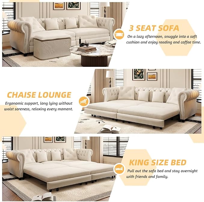 89'' Pull Out Sofa Bed King, Chesterfield Velvet Sleeper Sofa, Convertible L-Shaped Futon Couch, Tufted Back, 4 Pillows, Ottoman, Deep Seat Loveseat Couches for Living Room, Apartment, Beige