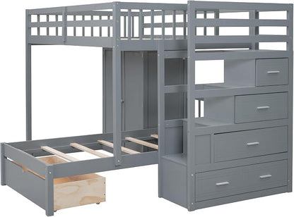 Merax Full Over Twin Bunk Bed with Wardrobe and Drawers, Gray