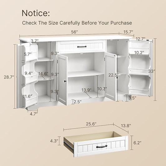 Gizoon 56" Kitchen Coffee Bar Cabinet with Storage Kitchen Sideboard Buffet Cabinet with Drawers, Short Pantry with Door and Shelves for Bathroom and Living Room, White