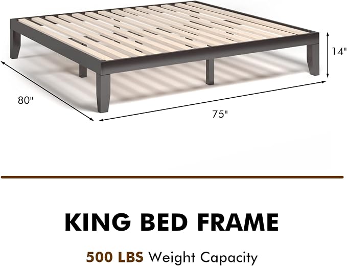 COSTWAY King Size Platform Bed Frame, 14 Inches Solid Rubber Wood Bed Mattress Foundation with Sturdy Slats Support, Easy Assembly Bed Frame for Home Hotel, No Box Spring Needed (Espresso, King)