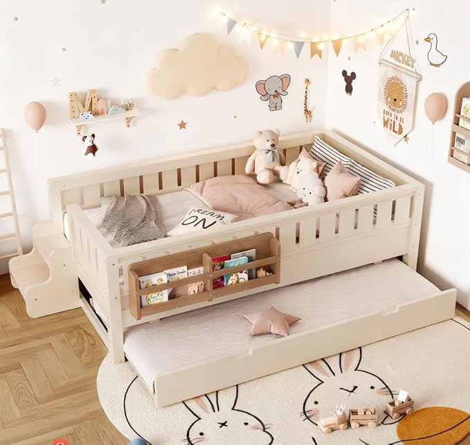 Bellemave Twin Size Kids Bed with high Rails and with Built-in Bookshelf and Trundle for Kids, Girls, Boys, Wood Montessori Bed Without Door, Beige