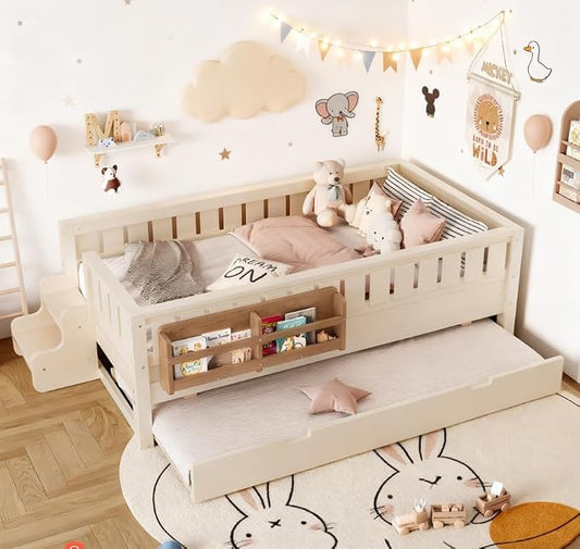 Bellemave Twin Size Kids Bed with high Rails and with Built-in Bookshelf and Trundle for Kids, Girls, Boys, Wood Montessori Bed Without Door, Beige