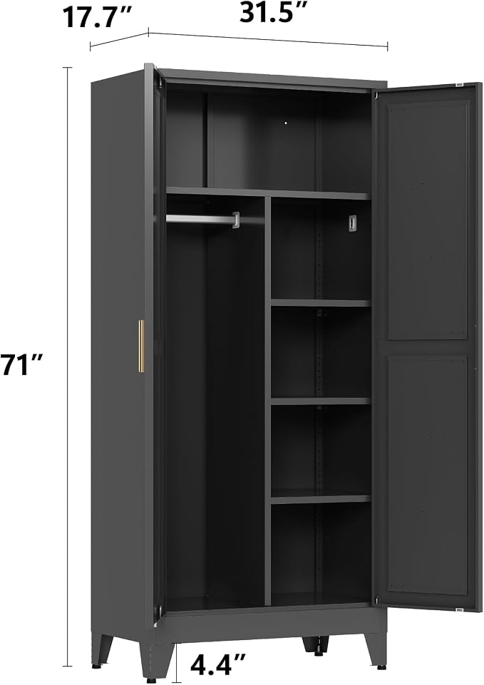 Metal armoire Wardrobe Closet with Hanging Rod,71'' Metal Wardrobe Cabinet with 2 Doors and 4 Adjustable Shelves, Bedroom armoires,Laundry Room cabinets,armario de ropa Closet