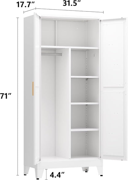 Metal armoire Wardrobe Closet with Hanging Rod,71'' Metal Wardrobe Cabinet with 2 Doors and 4 Adjustable Shelves, Bedroom armoires,Laundry Room cabinets,armario de ropa Closet(Modern, White)