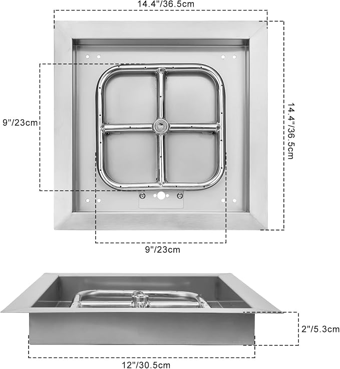 Onlyfire 12 Inch Square Fire Pit Burner Pan with Square Burner Ring – 304 Stainless Steel Drop-in Gas Fire Pit Insert for Natural Gas & Propane, 88,000 BTU, Square Flame Pattern for DIY Fire Table