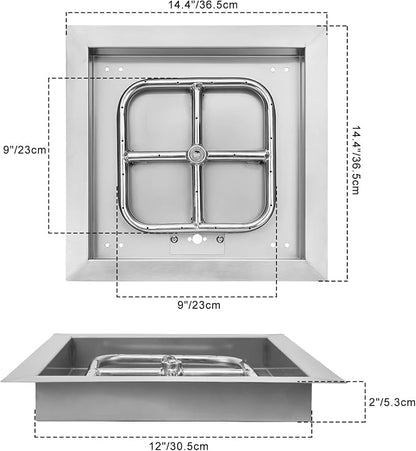 Onlyfire 12 Inch Square Fire Pit Burner Pan with Square Burner Ring – 304 Stainless Steel Drop-in Gas Fire Pit Insert for Natural Gas & Propane, 88,000 BTU, Square Flame Pattern for DIY Fire Table