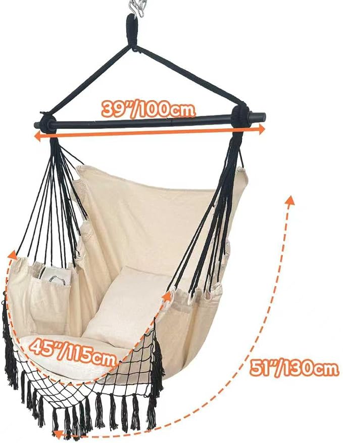 Hammock Chair Hanging Rope Swing Chair,Max 450 Lbs, Large Hanging Chair with Pocket, 2 Cushions, Removable Steel Bar, Hardware Kit Included, Sturdy and Comfortable for Indoor Outdoor (Beige)